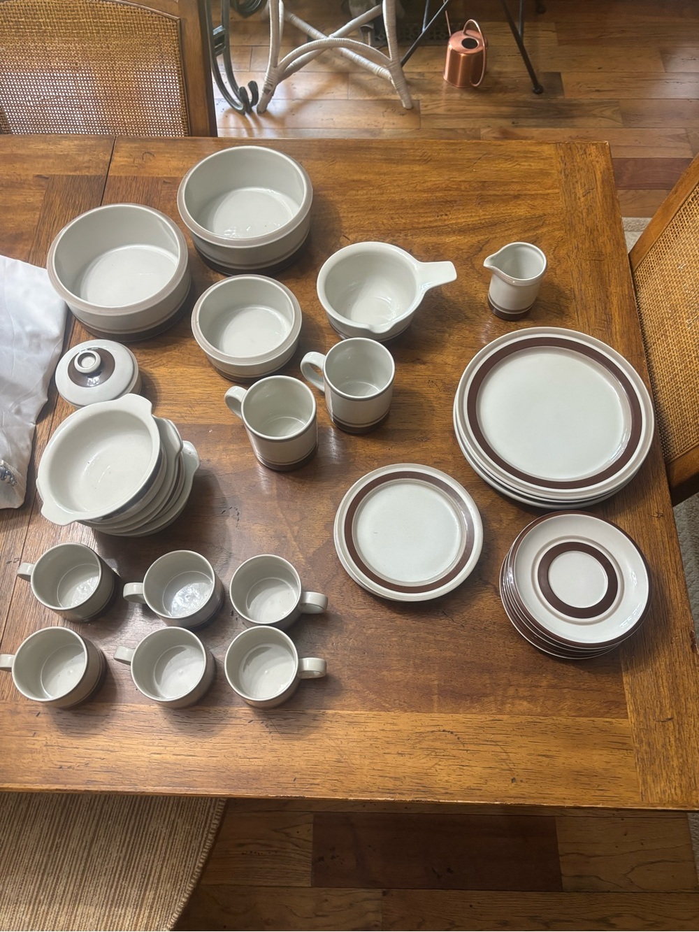 Vintage Arabia Finland Pirtti 32pcs Stoneware Dinnerware Set Cream w/ Brown Rim